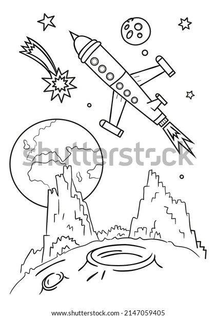 The rocket\
flies in space. You can see the surface of the moon with mountains\
and craters. In the background a planet, an asteroid and a comet.\
Space coloring pages printable.\
