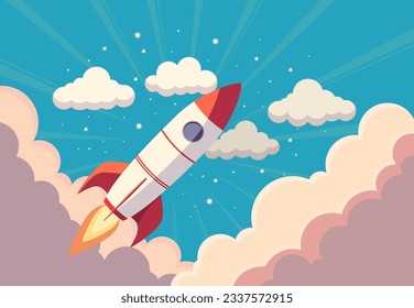 A rocket flies through the clouds into space vector illustration. Space ship launch business concept in simple colors, flat design.