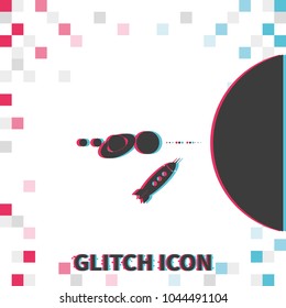 Rocket flies through the solar system  glitch effect vector icon.