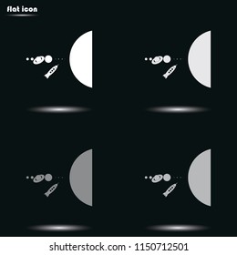Rocket flies through the solar system flat grayscale vector icon.