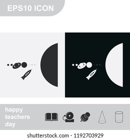 Rocket flies through the solar system flat black and white vector icon.