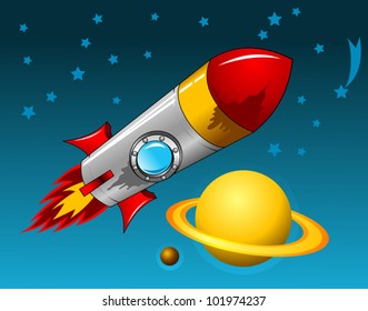 rocket flies through space to a distant planet; astronomy;