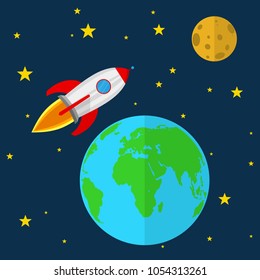 Rocket flies through in space. Vector illustration. Spacecraft, Earth and Moon