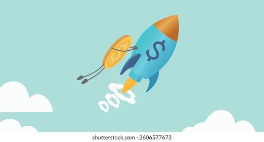 Rocket flies up, currency rate growth, gold dollar, profitable investments. Wealth, finance, economic growth