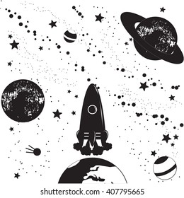 The rocket flies in the upper atmosphere.The study of the cosmos and the earth geography. Stylized vector illustration.