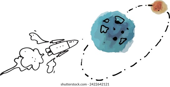 rocket flight background. Vector illustration. Rocket space doodle flat icon for graphic element. Abstract color rocket as continuous line drawing white background. Minimalist watercolor illustration.