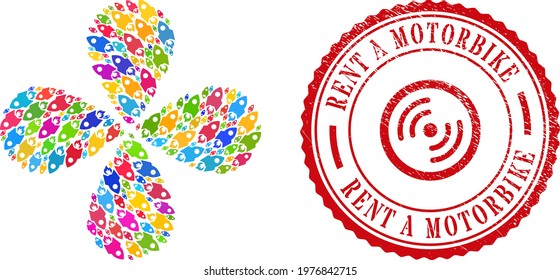 Rocket flight colorful rotation abstract flower, and red round RENT A MOTORBIKE rubber print. Rocket flight symbol inside round watermark.