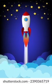 Rocket in Flight, Launch Rocket into outer space, sky clouds and stars on blue background.