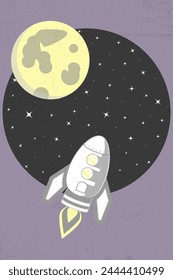 Rocket flight to the moon in retro style. Vector illustration.