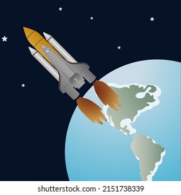 Rocket flight in space around the planet Earth. A spaceship in outer space. Vector illustration.