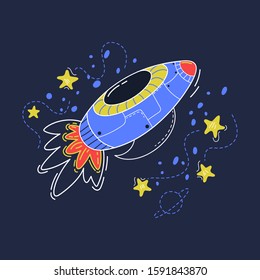 Rocket flight. Stars, planets. Can be used for postcards, for printing on clothes and much more.