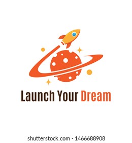Rocket fly around the planet for space logo template, creative start up business illustration