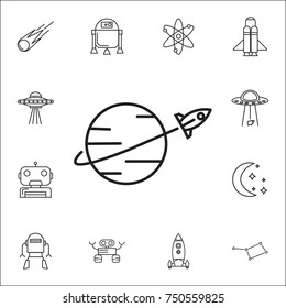 rocket fly around world icon. Set of space icons. Signs, outline symbols collection, simple thin line icons for websites, web design, mobile app, info graphics on white background