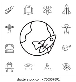 rocket fly around world icon. Set of space icons. Signs, outline symbols collection, simple thin line icons for websites, web design, mobile app, info graphics on white background