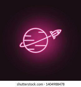 rocket fly around world neon icon. Elements of Space set. Simple icon for websites, web design, mobile app, info graphics