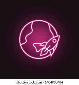 rocket fly around world neon icon. Elements of Space set. Simple icon for websites, web design, mobile app, info graphics