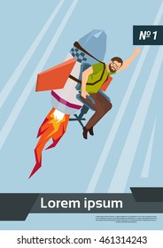 Rocket Fly With Casual Business Man Start Up Success Concept Flat Vector Illustration