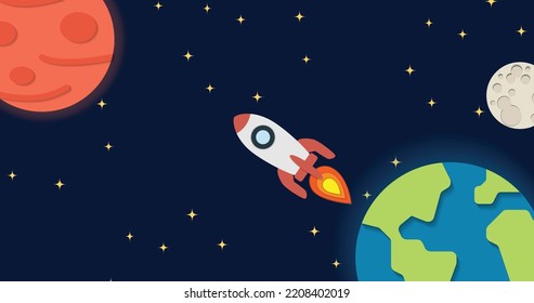 Vuelan cohetes desde el planeta Tierra a Marte del Sistema Solar. Concepto de exploración de Marte. Estilo de arte de papel