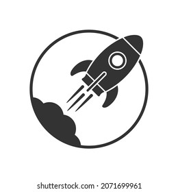 Icono gráfico de vuelo de cohete. Signo de inicio de nave espacial. Símbolo de nave espacial en el círculo aislado sobre fondo blanco. Ilustración del vector