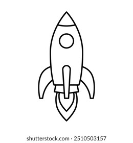 Ícone de mosca de foguete. Viagem espacial. Assinatura de inicialização do projeto. Símbolo de ideia criativa. Foguete lançado ao espaço. Ilustração vetorial