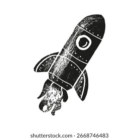 Icono de la mosca del cohete. Viajes espaciales. Registro de inicio de proyecto. Símbolo de idea creativa. Nave cohete lanzada al espacio. Ilustración vectorial