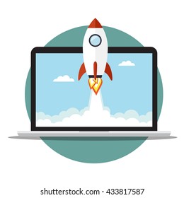 Rocket fly out the laptop. Vector illustration