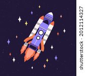 Rocket fly in outer space among stars. Rocketship with fire flames flying in cosmos. Spaceship traveling in universe. Childish intergalactic spacecraft. Flat vector illustration of galactic shuttle