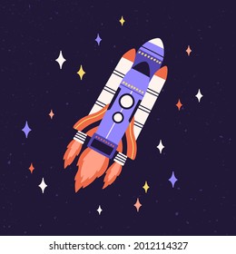 Rocket fly in outer space among stars. Rocketship with fire flames flying in cosmos. Spaceship traveling in universe. Childish intergalactic spacecraft. Flat vector illustration of galactic shuttle