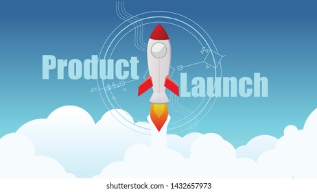 rocket fly in the sky for product launch web banner, presentation, print concept with big text flat style illustration 