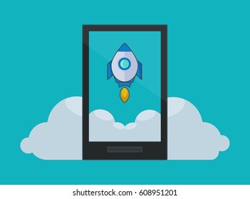 Rocket Flying Above Clouds with Black Smartphone - Vector illustration Design