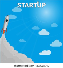 Rocket  flying above clouds in turquoise blue sky Start up