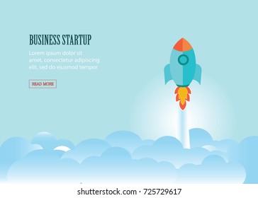 Rocket flying above group of clouds, business start up, business conceptual flat vector illustration. 
