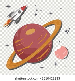 a rocket flying against the background of the red planet with rings, flat childrens doodles on a transparent isolated background 