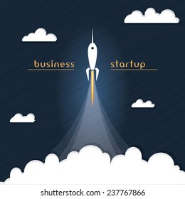 Rocket flying in the air with clouds on background. New start up-concept. Business project. Service or products concept. Flat style vector illustration.