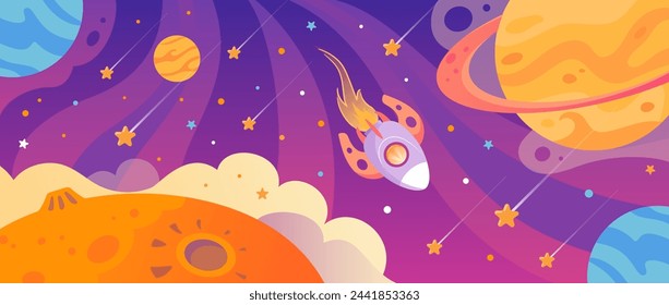 A rocket flying among planets and stars. Space landscape, shuttle, UFO, future. Cute baby horizontal illustration in vintage cartoon style. For childrens, posters, postcards, banners, design elements.