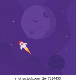 Foguete voando entre planetas e estrelas no espaço. Ideal para projetos com temas espaciais, conceitos de ficção científica e materiais educacionais para crianças.