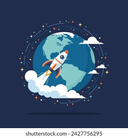 Cohete que vuela alrededor del globo terrestre en el espacio, ilustración vectorial plana