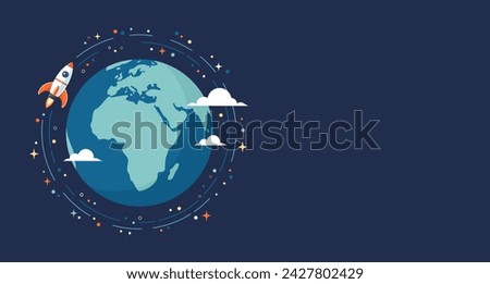 Rocket flying around Earth globe in space, copy space. Flat vector illustration