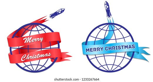 A rocket flying around the earth leaves a trail with the words Merry Christmas