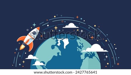 Rocket flying around Earth planet in space, flat vector illustration