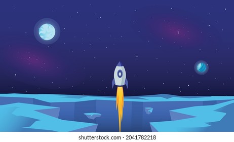 rocket flying around galaxy to the moon vector illustration background.