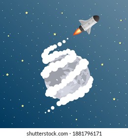 Rakete, die um den Mond fliegt und in den Luftkarikaturenvektor startet