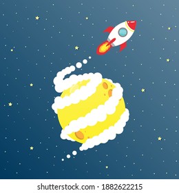 Rocket flying around the moon and launching into space cartoon vector