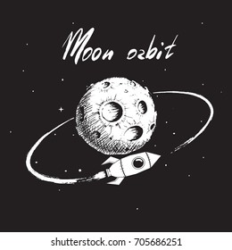 rocket flying around Moon orbit.Hand drawn vector illustration for space theme