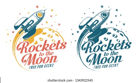 A rocket flying around the moon - vintage emblem poster print. Grunge worn textures on separate layer.