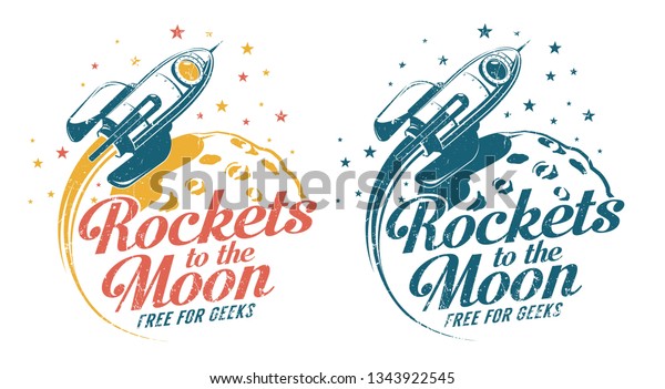 A rocket flying around the moon - vintage emblem wall mural print. Grunge worn textures on separate layer.