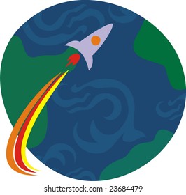 rocket flying around the planet