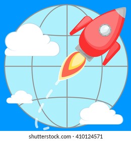 Rocket flying around the planet in the clouds.