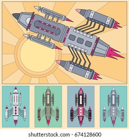 A rocket flying around the sun. Collection of multicolored icons. Vector illustration.