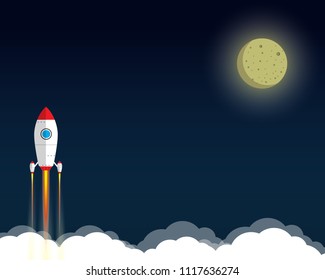 Rocket  flying  blue background sky Flat Vector Image Icons Can be used  start a business. Space travel Space rocket Concept New project initiative Creative Energy Energy Business Development Concept